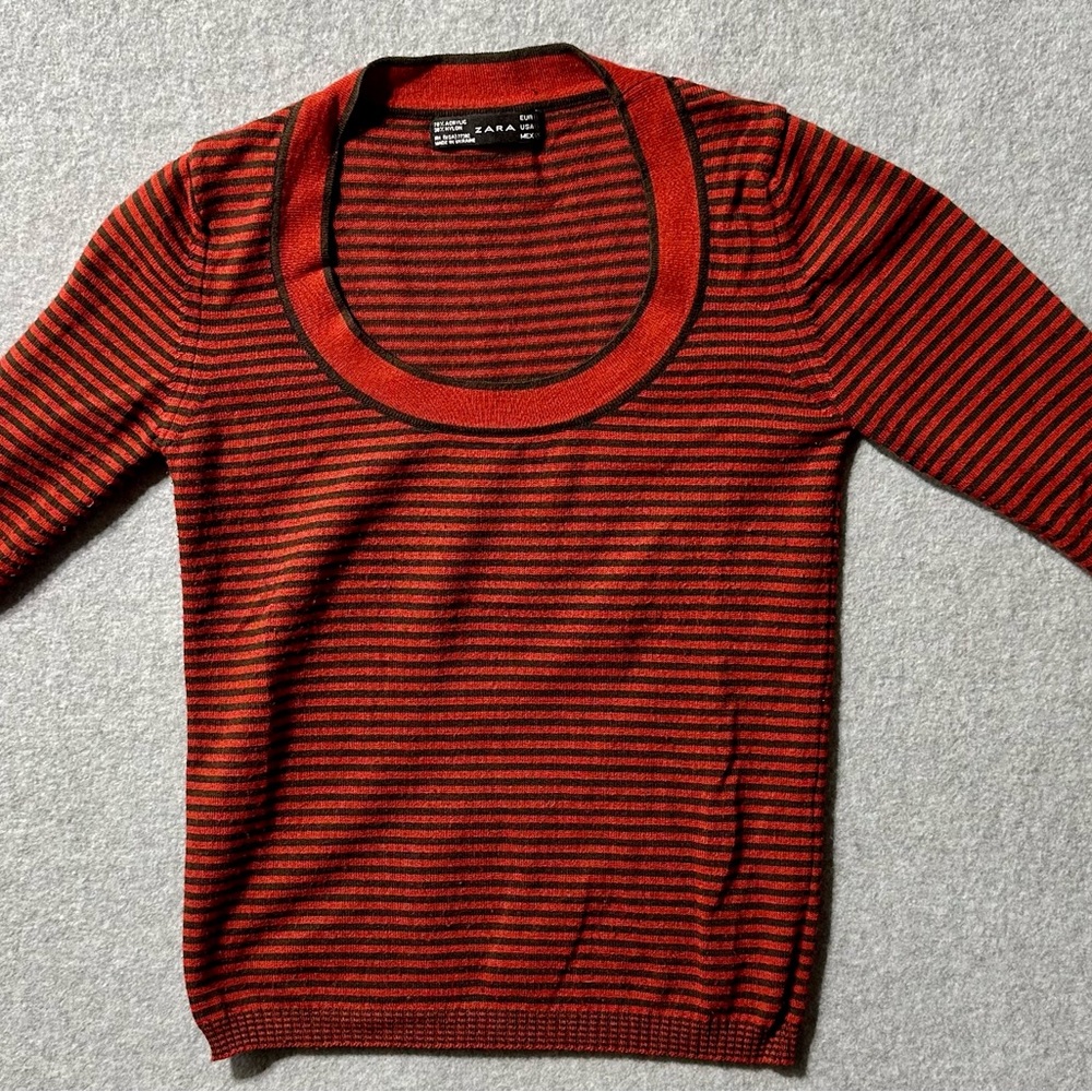 Zara Sweater Red Stripped Pullover Long Sleeve Cotton Blend Womens Size Small